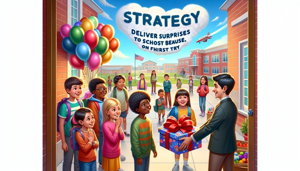 Стратегия: Передать через консьержа сюрпризы в школу к сюрпризу-«просто так», с первой попытки